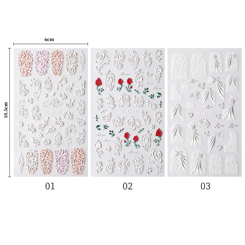 Miếng dán UR SUGAR hoạ tiết hoa hồng màu trắng/ hồng dập nổi 5D tự dính trang trí móng tay
