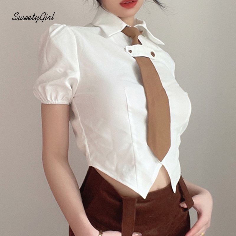 Áo Sơ Mi Cổ Bẻ Tay Ngắn Dáng Ôm Màu Trơn Phong Cách Preppy 2022 Thời Trang Cho Nữ