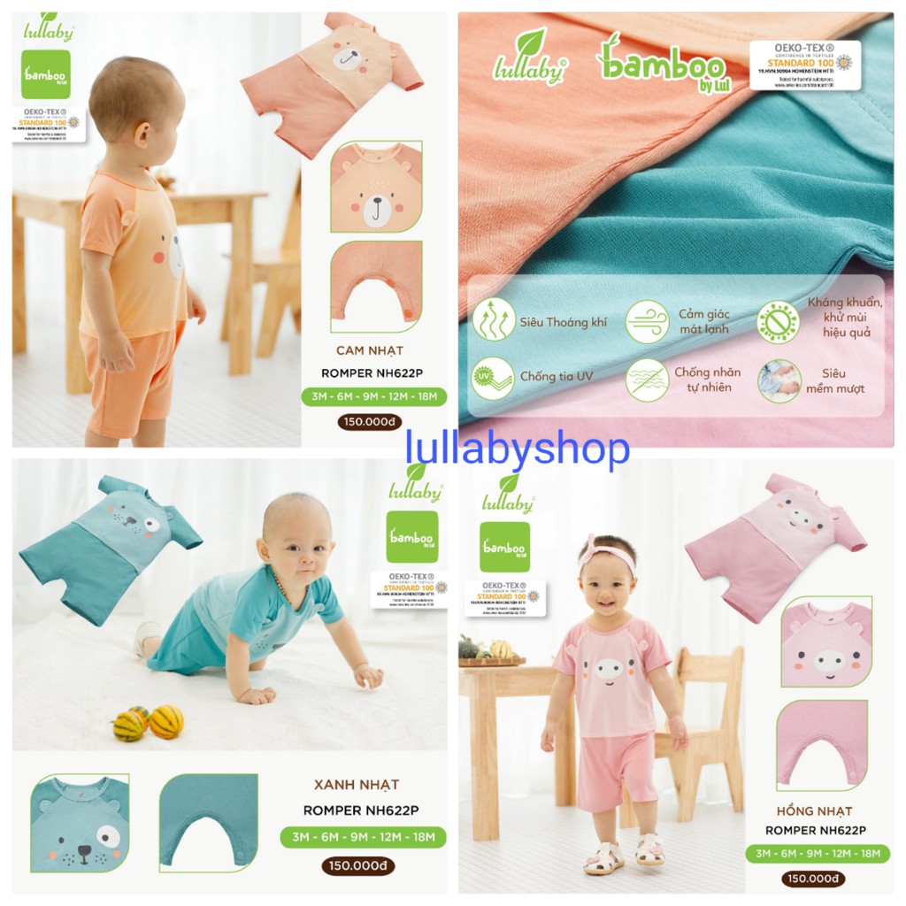 Romper sợi tre Lullaby NH622P, body cộc tay bé trai, bé gái siêu mát và mềm mịn