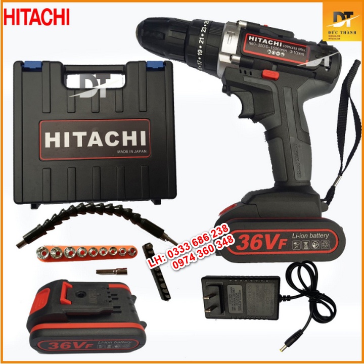 Máy Khoan Pin Cầm Tay Hitachi 36V Có Búa – 2 Pin - Khoan tường, bắn vít – Tặng Bộ Phụ Kiện 24 Chi Tiết