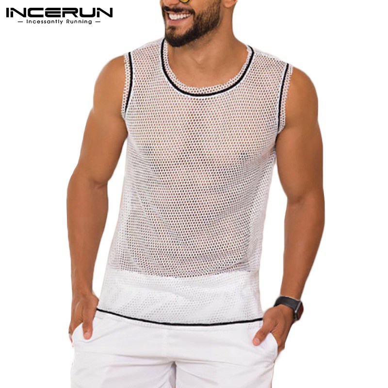 Áo lưới INCERUN sát nách rỗng cổ tròn xuyên thấu cổ tròn