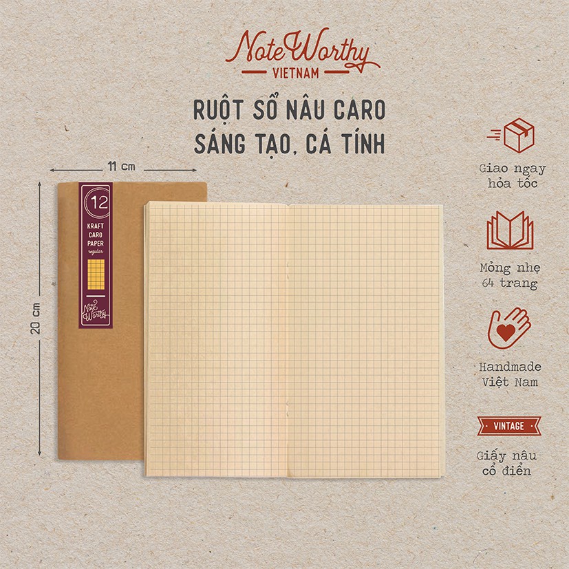 Sổ tay nâu kẻ caro 64 trang 11x20cm bìa mềm mỏng nhẹ sáng tạo - Noteworthy kraft grid journals