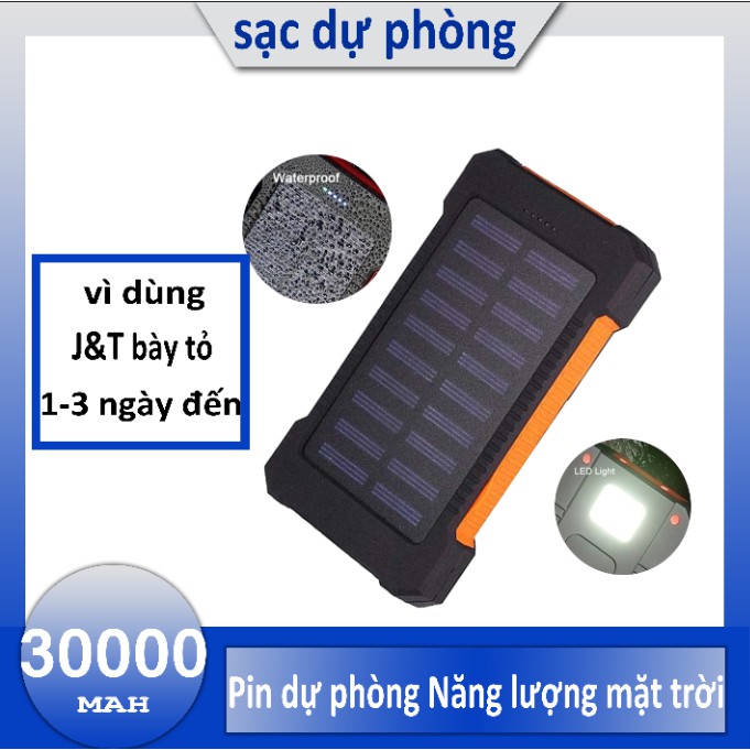 Sạc dự phòng Năng lượng mặt trời 30000mAh Trang bị đèn LED chiếu sáng thiết kế không thấm nước