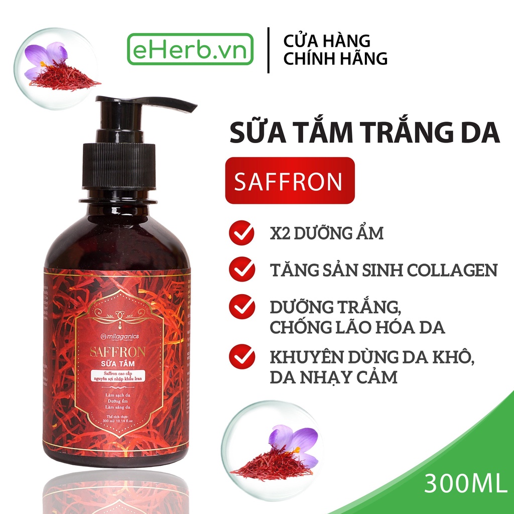 Sữa tắm trắng da, hương hoa saffron whitening nguyên sợi 100% nhập khẩu iran MILAGANICS 300ml (chai)