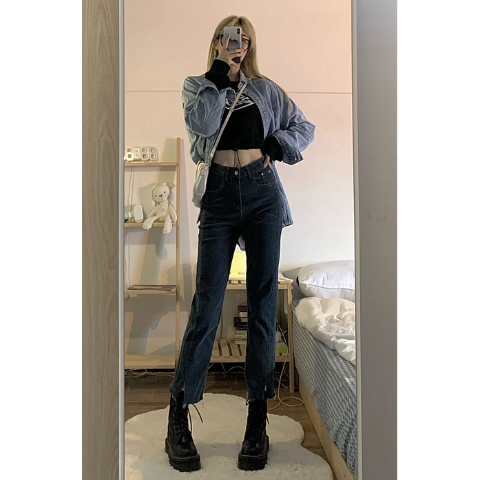 Quần jean nữ SUXI dáng dài ống suông cạp cao thời trang Hàn Quốc