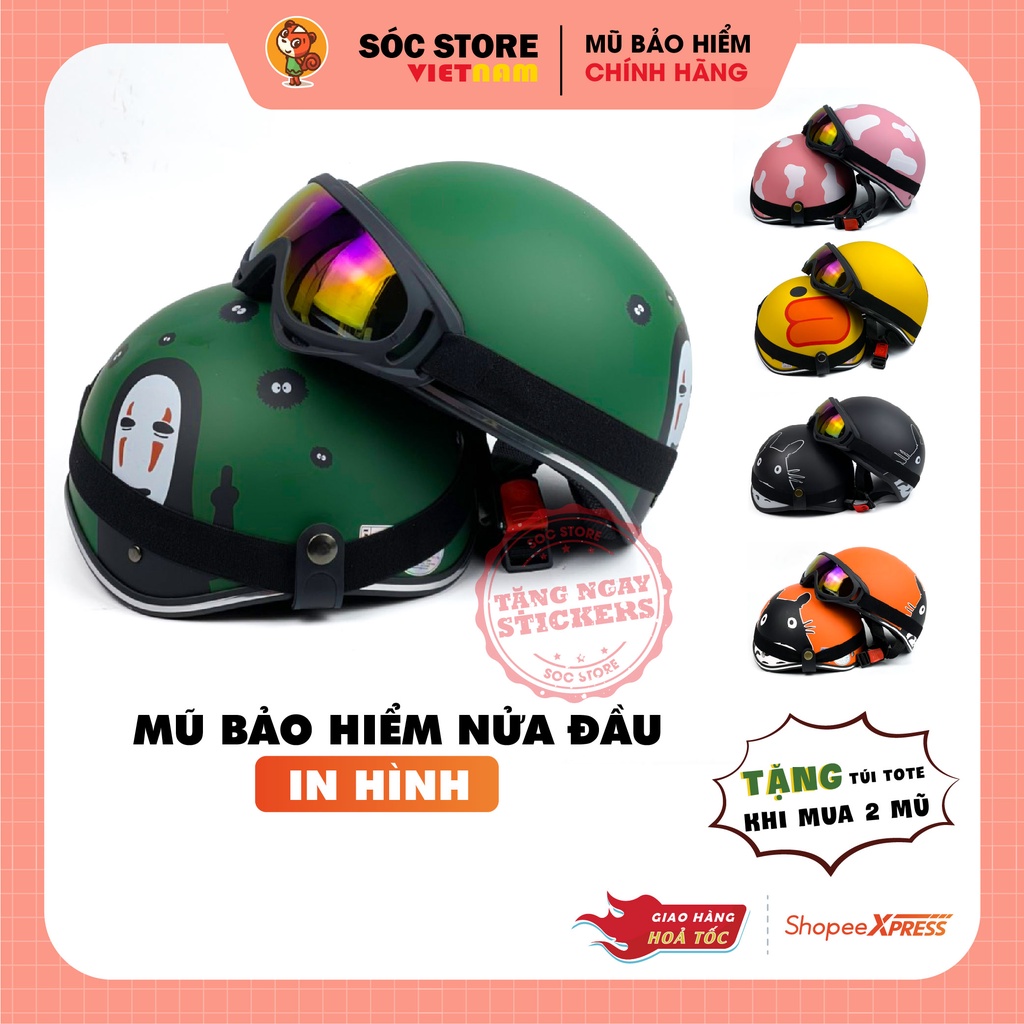 Mũ bảo hiểm nửa đầu in hình cute kèm kính phi công kính UV Sóc Store, nón bảo hiểm nhiều hình siêu hot