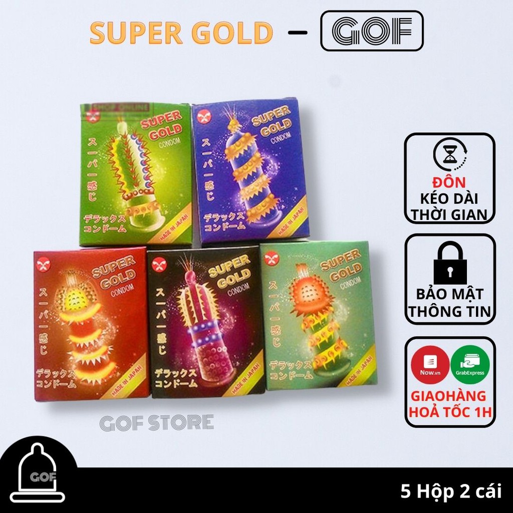 Bộ 5 Bao cao su gai SUPER GOLD đôn gai bi lớn Kéo dài thời gian Hộp 2 cái (Nhật Bản) - GoF Store