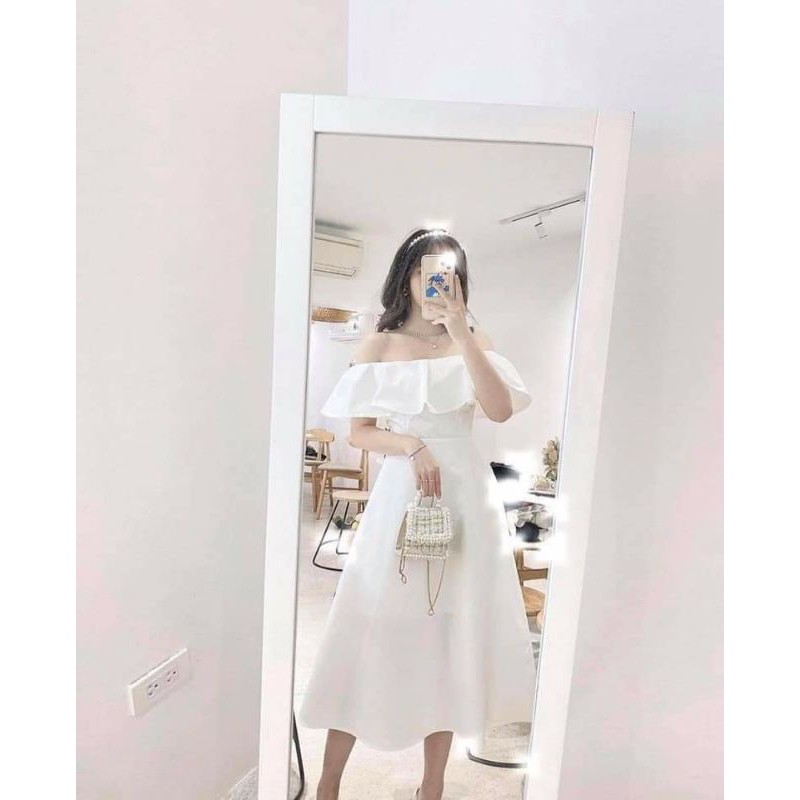 váy đầm trễ vai trơn xoè ( ảnh thật tự chụp)