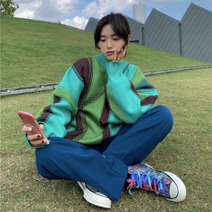 (HÀNG SẴN) Áo len nữ form rộng họa tiết kẻ sọc ô màu xanh nâu nổi bật style retro cổ điển cá tính | BigBuy360 - bigbuy360.vn