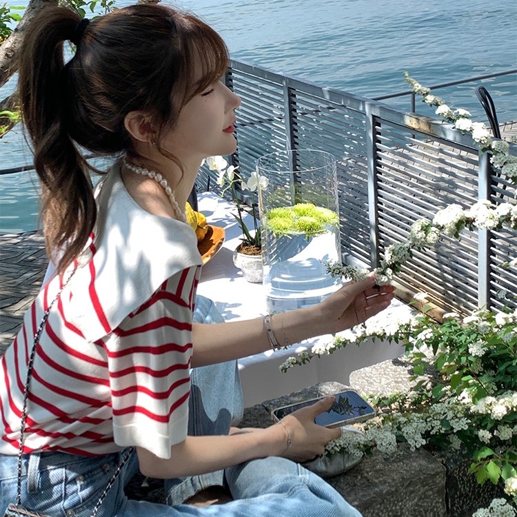 Áo thun SUXI ngắn tay cổ chữ V họa tiết kẻ sọc đơn giản thời trang mùa hè cho nữ