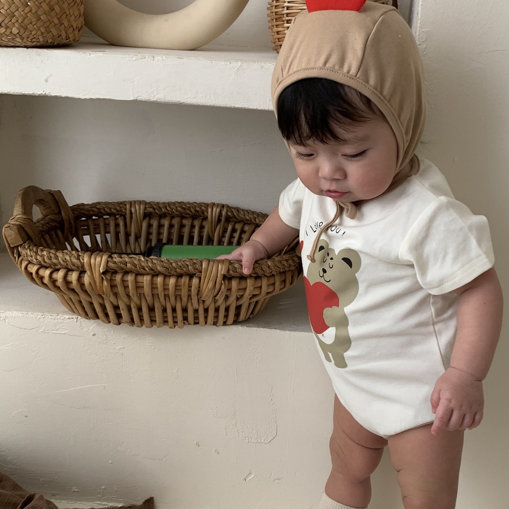 Bộ Áo Liền Quần In Hình Gấu + Mũ Dễ Thương Thời Trang Mùa Hè Cho Bé Sơ Sinh 0-2 Tuổi