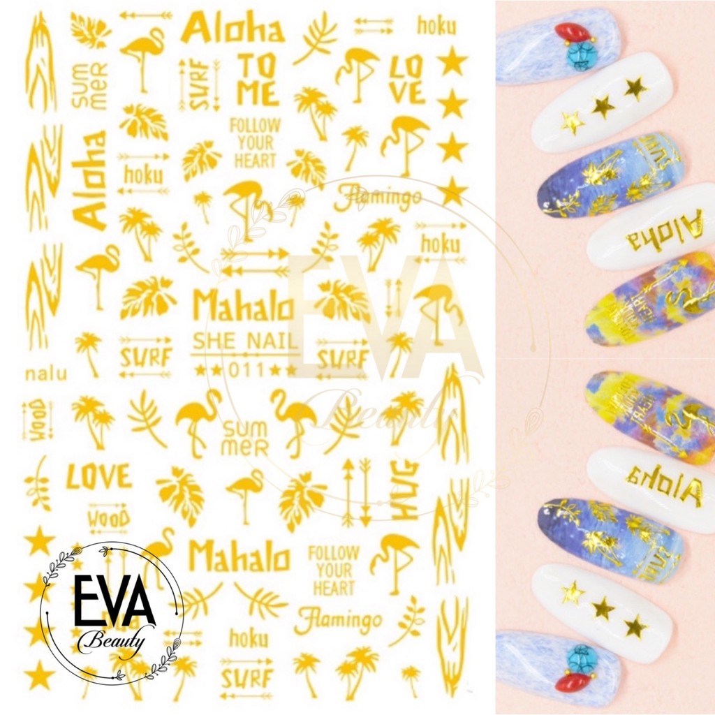 Decal Dán Móng Tay 3D Nail Sticker Hoạ Tiết Hồng Hạc Mahalo Nhũ Vàng SHE011