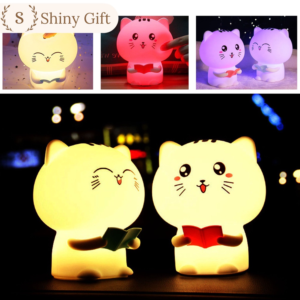 Qùa tặng, đèn ngủ silicone mèo con đọc sách có chức năng ghi âm
