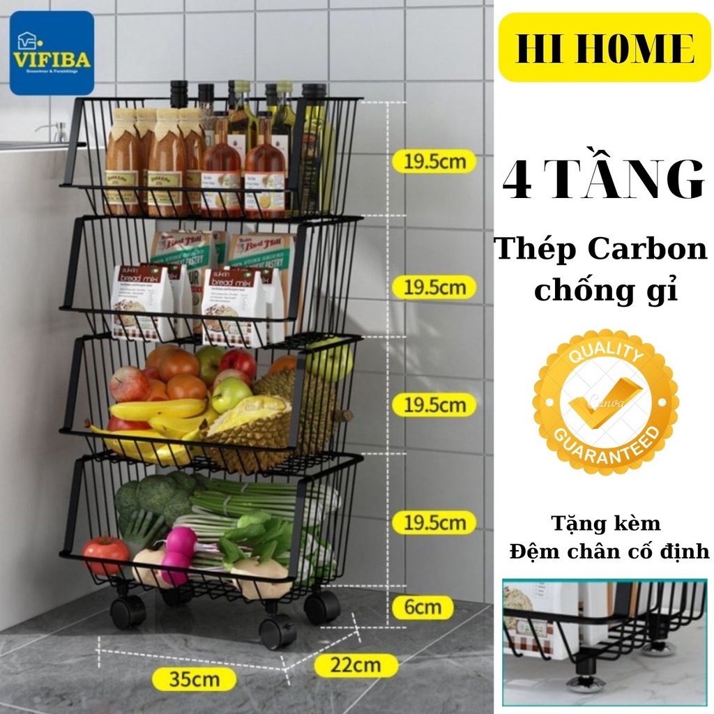 Kệ rổ đựng đồ nhà bếp, kệ đựng rau củ đa năng 4 tầng, 5 tầng, tiện lợi, thông minh có bánh xe, sơn tĩnh điện không gỉ