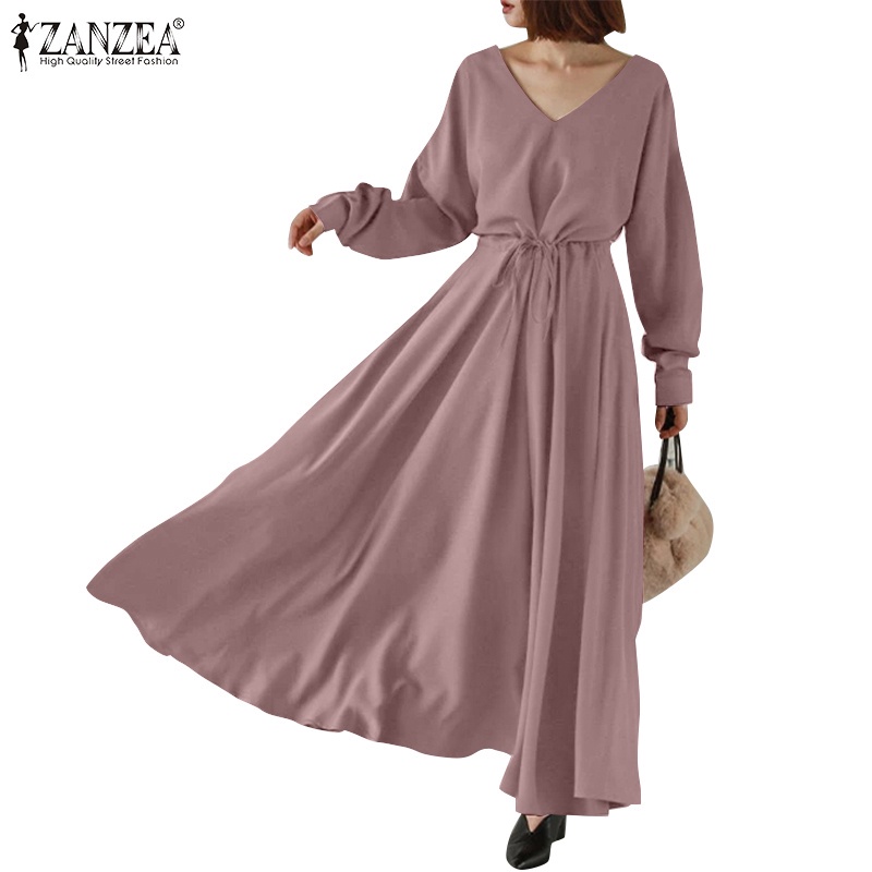 Đầm maxi ZANZEA cổ chữ v tay dài eo cao rút dây thời trang thường ngày cho phụ nữ
