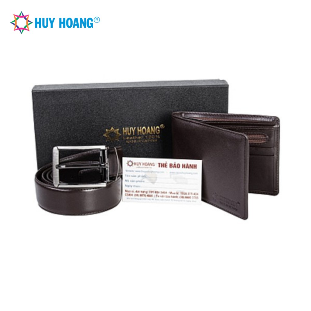 Bộ ví & Thắt lưng nam Huy Hoàng da bò màu nâu LS2103-LS4130