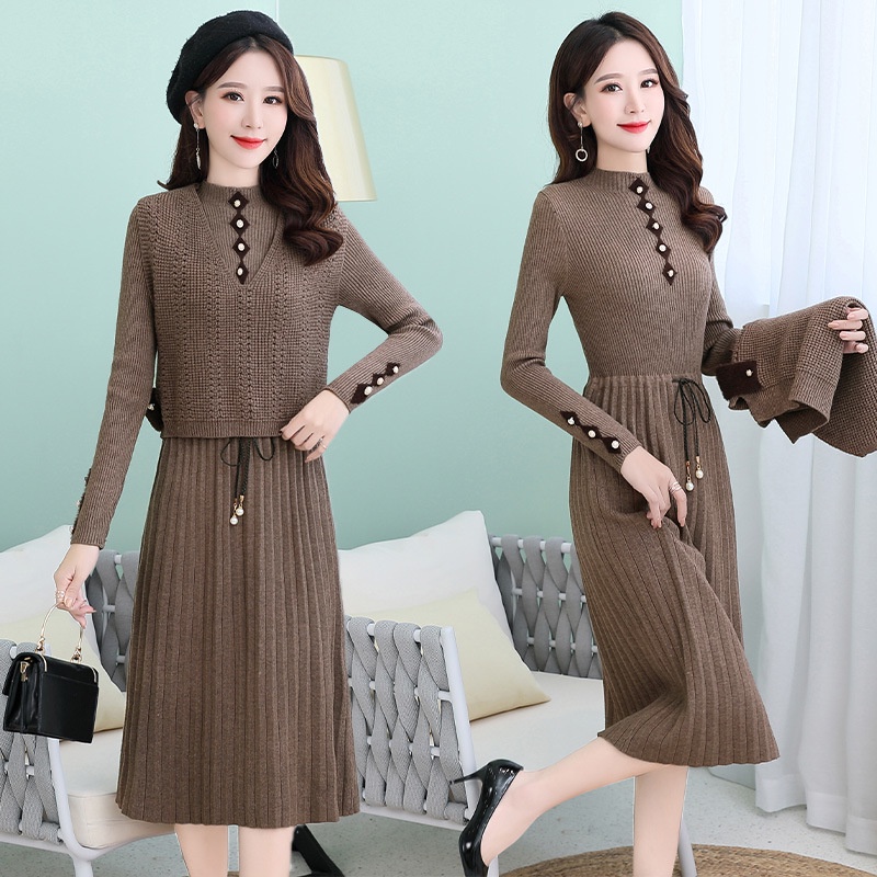 Váy Len Mùa Đông Nữ Kèm Áo Gile Cổ Lọ Đẹp Xếp Ly -Hàng Quảng Châu