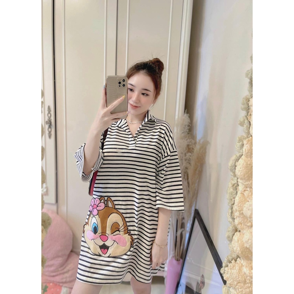 Đầm Váy Nữ Thun Sọc Thêu Cổ Bẻ Cao Cấp QC
