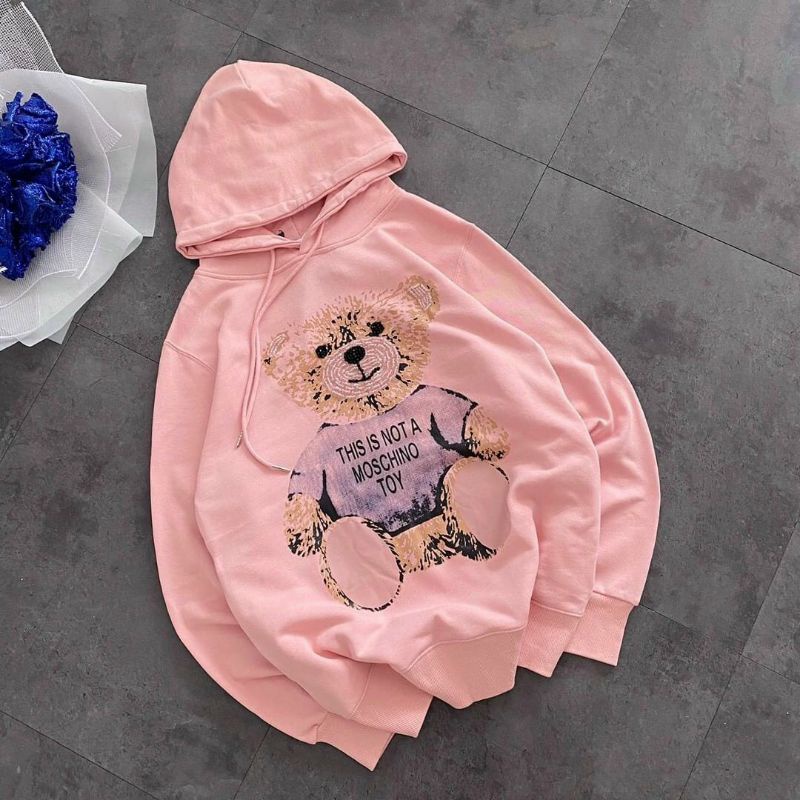 Áo Hoodie Hình Gấu Chất Nỉ Cotton, Form Áo Rộng Unisex Tay Bồng Hot Trends ( Kèm Ảnh Thật)