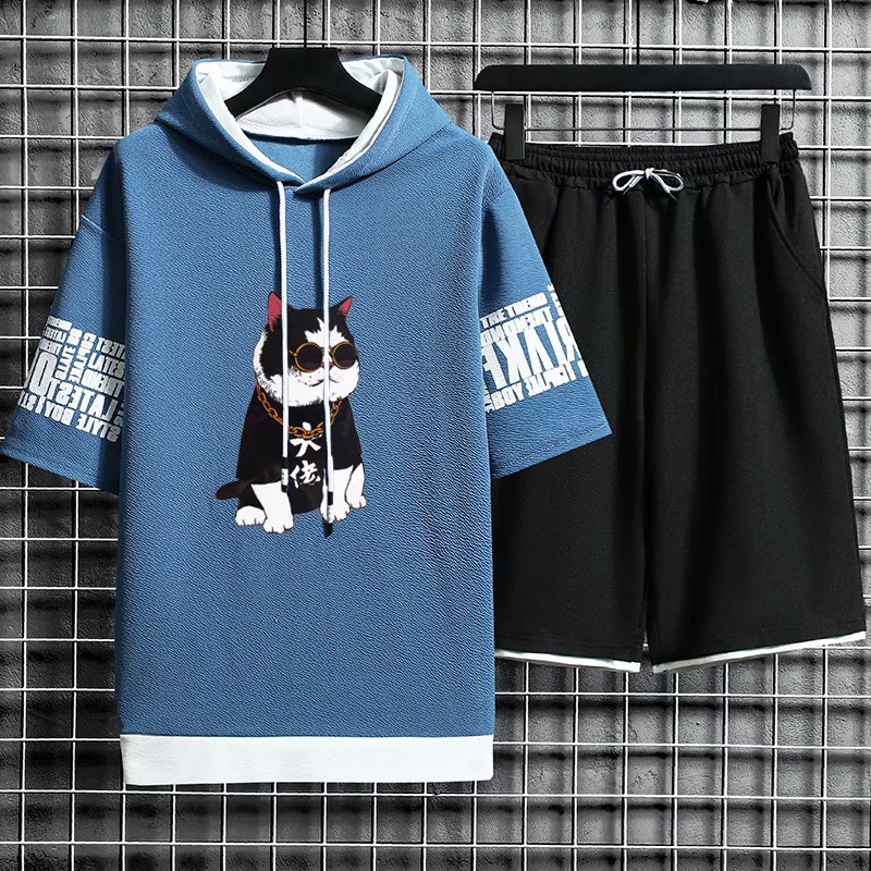 Set áo hoodie tay ngắn họa tiết mèo hoạt hình dễ thương + quần short cho nam size M-3XL