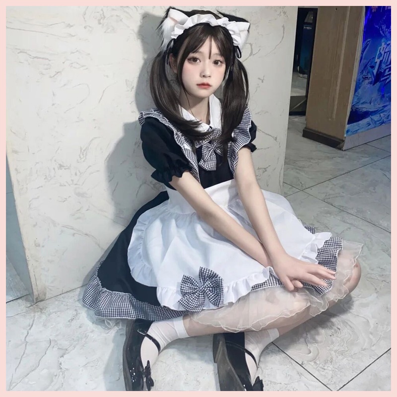 [Sẵn] Maid cosplay - Đầm hóa trang hầu gái họa tiết phối kẻ caro người giúp việc dễ thương [Miu Cosplay]