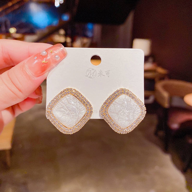 Khuyên Tai Kim Bạc S925 Hình Vuông Đính Đá Opal Cao Cấp Hợp Thời Trang Cho Nữ