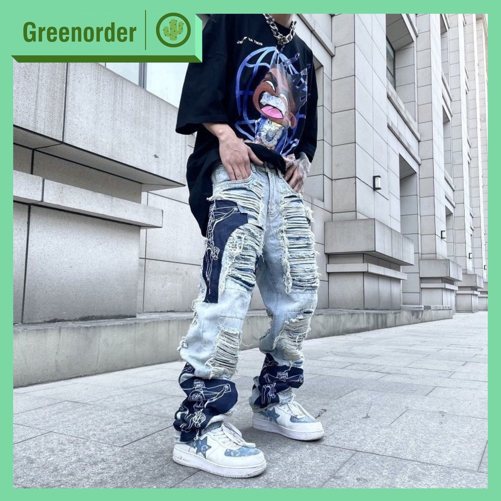 Quần jean unisex rách bụi bặm rapper