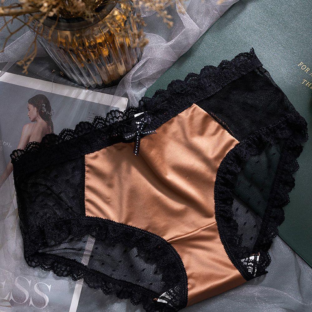 SOMEDAYZL Quần Lót Lưng Vừa Vải Lụa Lạnh Phối Lưới Đính Nơ Quyến Rũ Cho Nữ