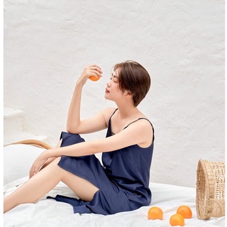 [O] VIBES Váy ngủ 2 dây Lụa trơn cao cấp Navy Silk Strap Dress