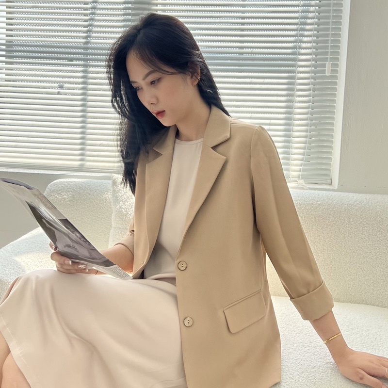 Áo khoác blazer nữ 1 lớp dáng dài Huien Design tone nâu be chất mát, form Hàn Quốc, thời trang công sở nữ thanh lịch