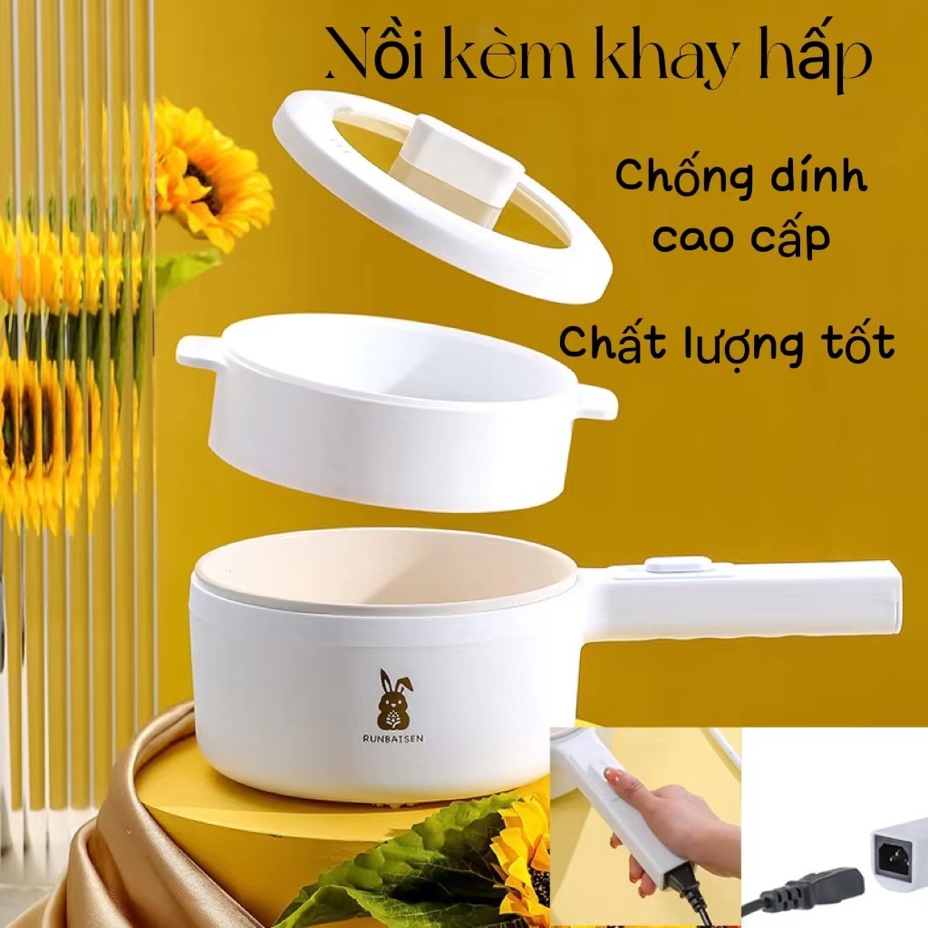 Nồi Điện Mini 2 Tầng Đa Năng Tặng Kèm Khay Hấp ( Chiên, Xào, Nấu ăn, nấu cơm, nấu lẩu mini ) cho 1-3 người