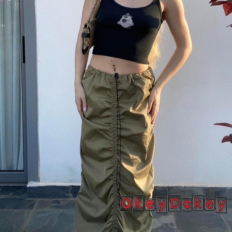 Chân Váy Dài Lưng Cao Co Giãn Màu Trơn Phối Dây Rút Y2K Dễ Điều Chỉnh Cho Nữ