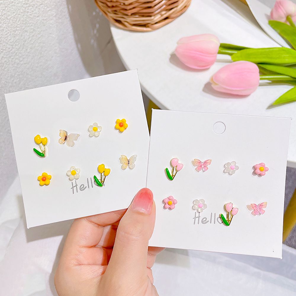 Bộ 4 Đôi Khuyên Tai Hoa Tulip Nhiều Màu Sắc Bằng Hợp Kim Thời Trang Dành Cho Nữ