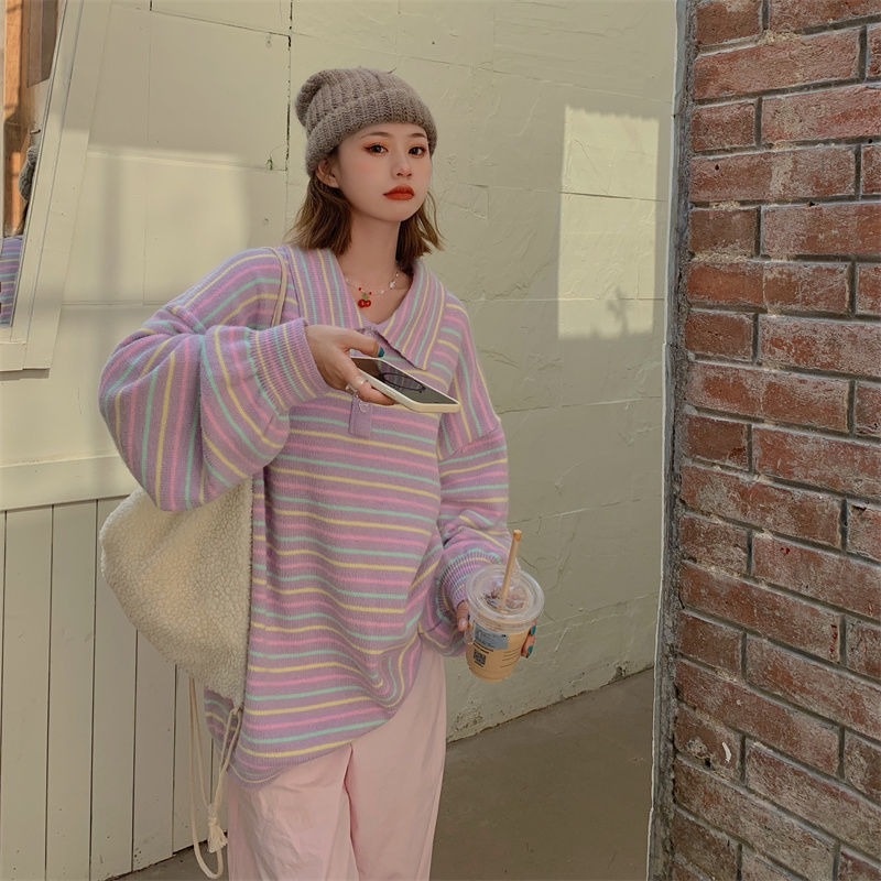 Áo Sweater dệt kim dáng rộng màu sắc trẻ trung cho nữ