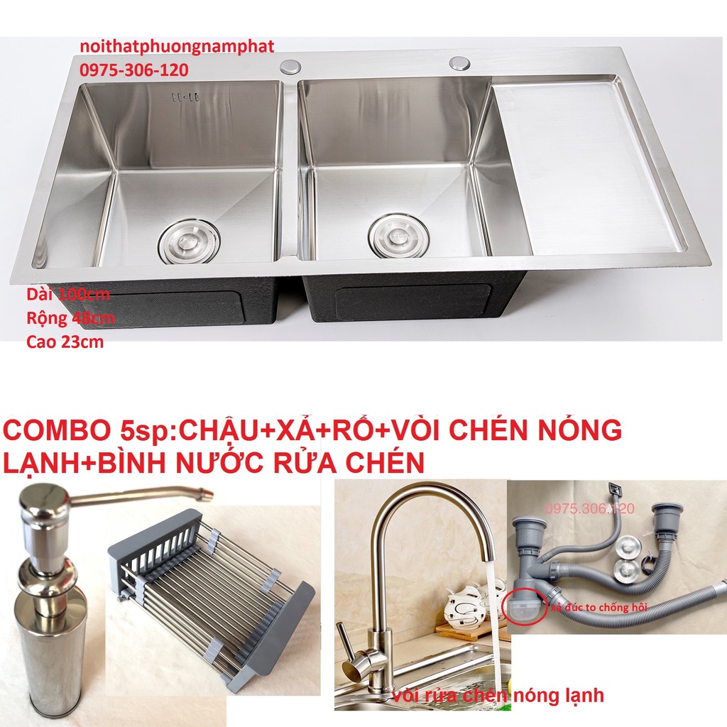 [Chậu Đúc] Combo Chậu Rửa Chén Bát INOX SUS 304 N1 10048 NA.GRAND và Xả và Rổ và Vòi chén nóng lạnh và Bình rửa chén