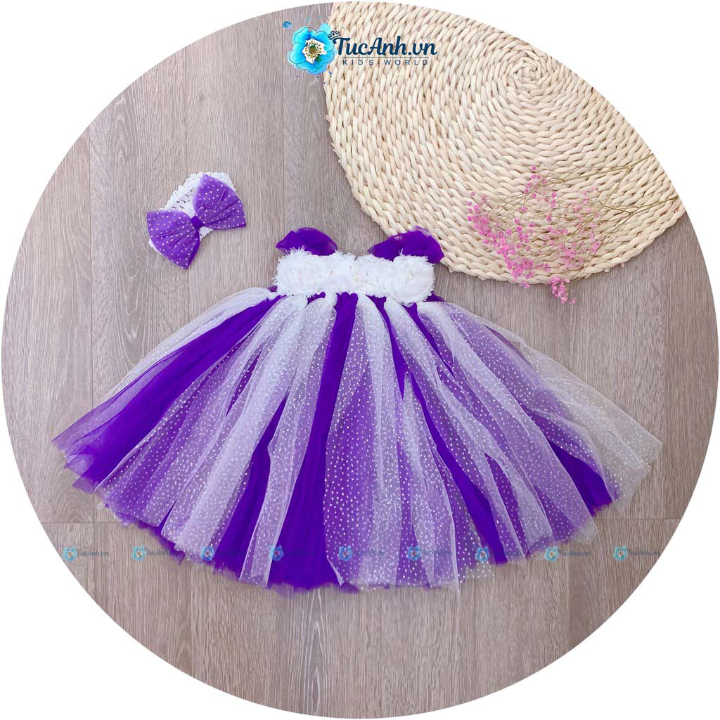 Váy tutu tím phủ kim tuyến trắng hoa dẹt trắng size 6-10 tháng - TucAnh