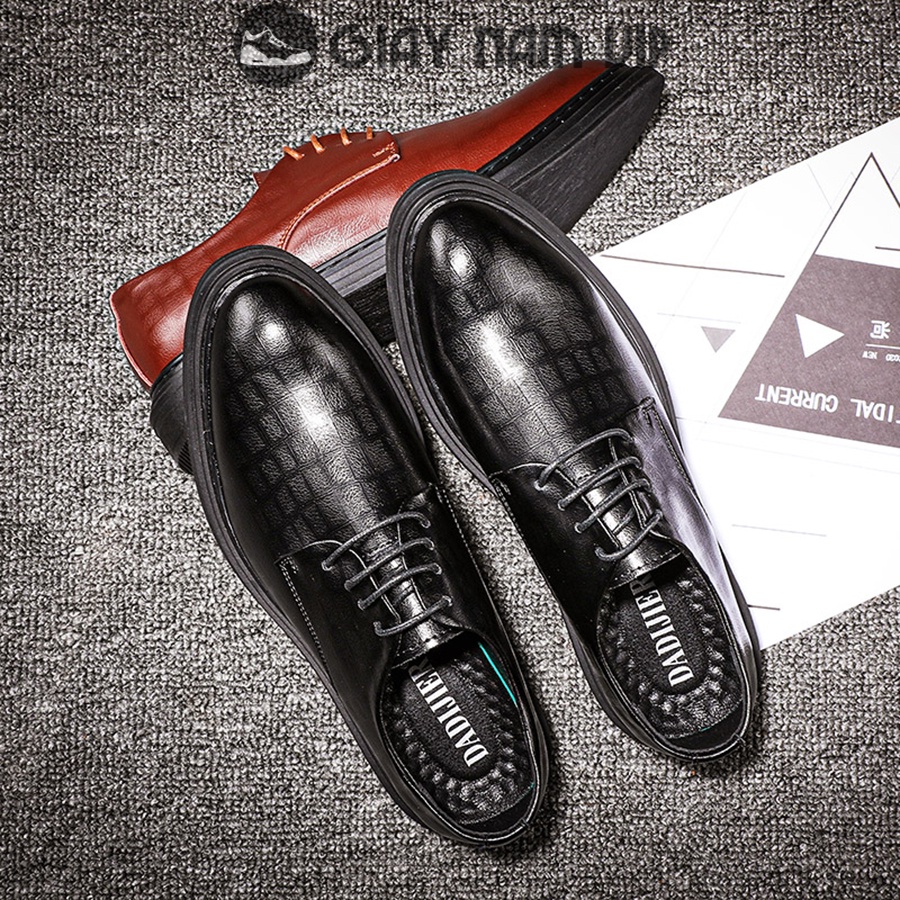 Giày Nam Da Bò Thật Công Sở Cao Cấp GIAYNAMVIP Giày Nam Đen Đẹp Hàn Quốc Vân Caro Nhỏ GNK149