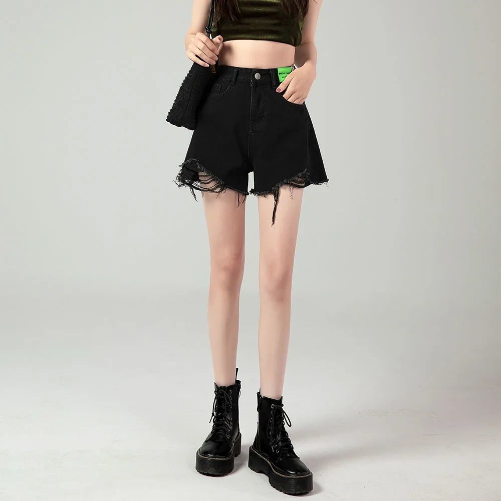Quần Short Denim Đen Dáng Chữ A Ống Rộng Lưng Cao Phối Rách Thời Trang Mùa Hè 2022 Cho Nữ