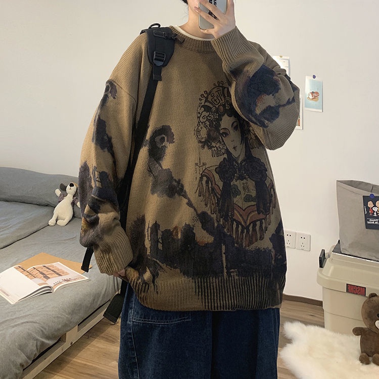 Áo Sweater Dệt Kim Dáng Rộng In Họa Tiết Phong Cách Hàn Quốc Thời Trang Xuân Thu Cho Nam