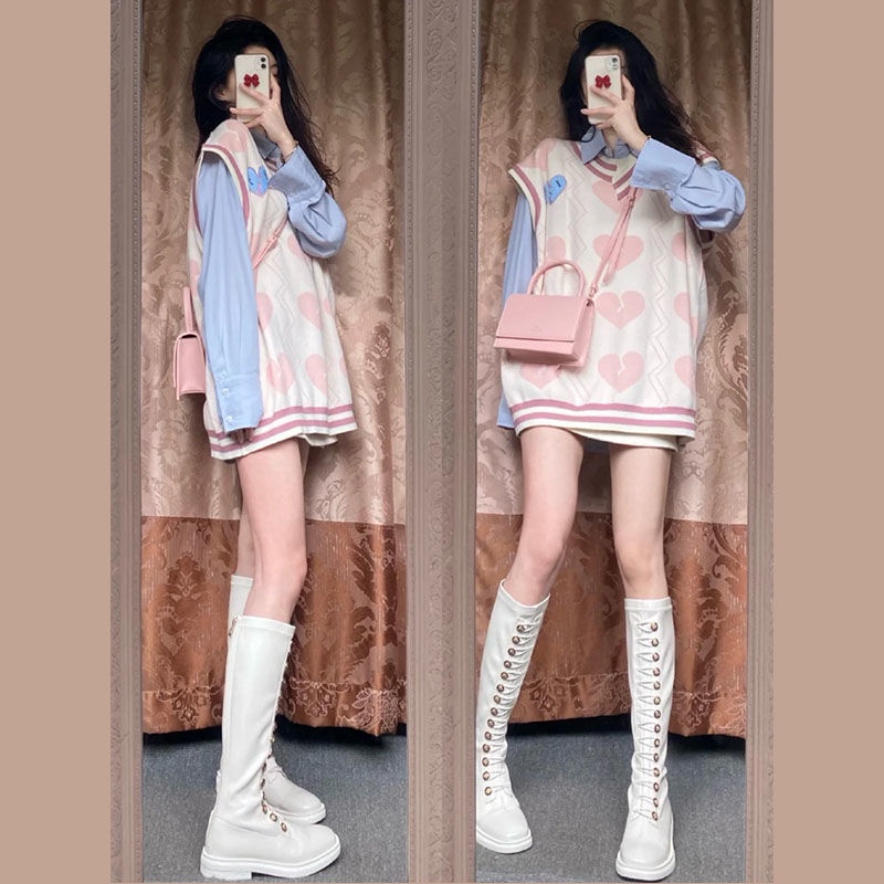 Set Áo Sơ Mi Dài Tay Và Áo Khoác Len Không Tay Thời Trang Dành Cho Nữ