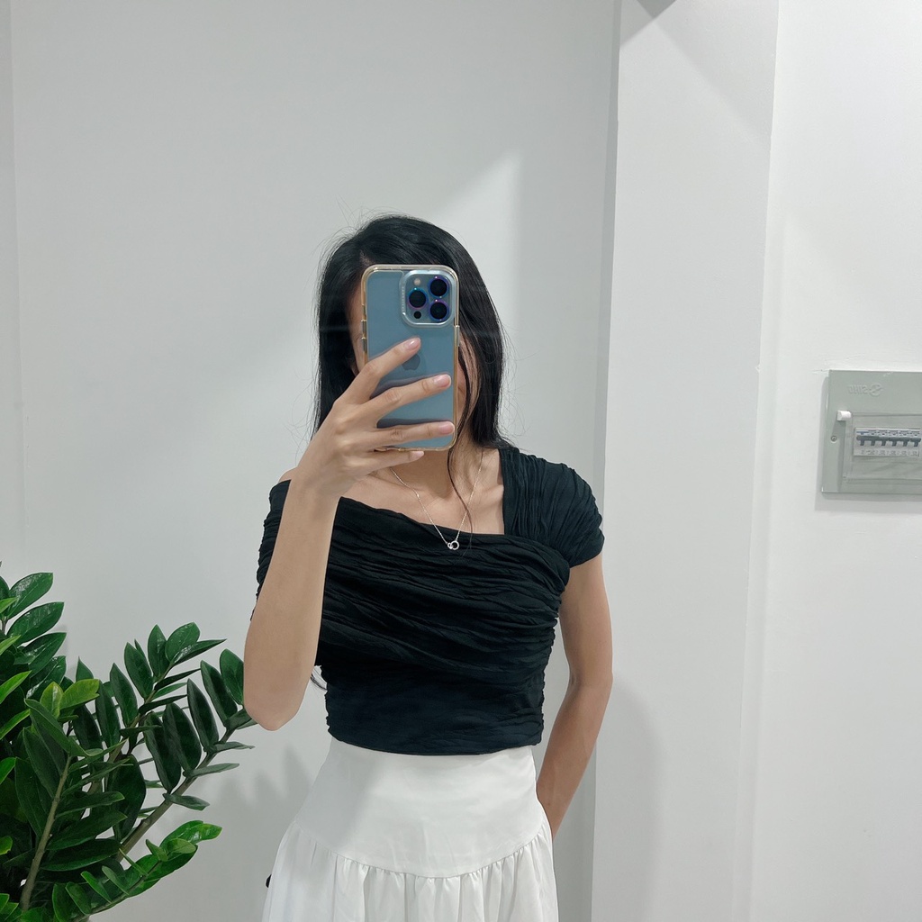 [Ảnh thật] Áo thun gợn sóng lệch vai