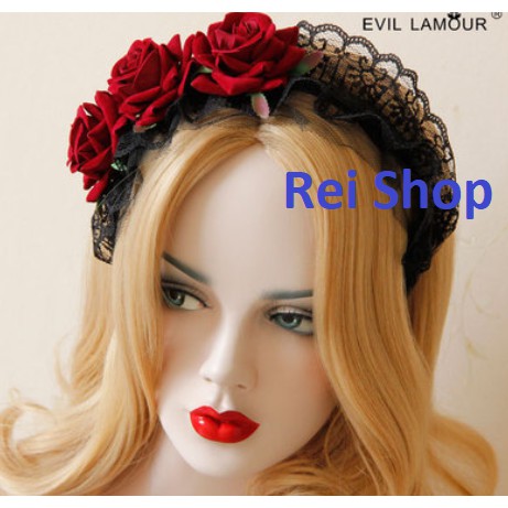 Bờm hoa đỏ Gothic phù hợp với cosplay KÈM ẢNH THẬT VÀ VIDEO