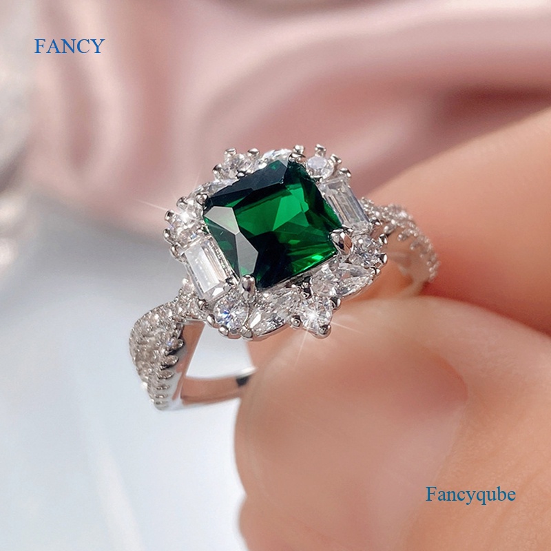 Nhẫn Đính Đá Zircon Hình Vuông Màu Xanh Lá Sang Trọng Thời Trang Cho Nữ