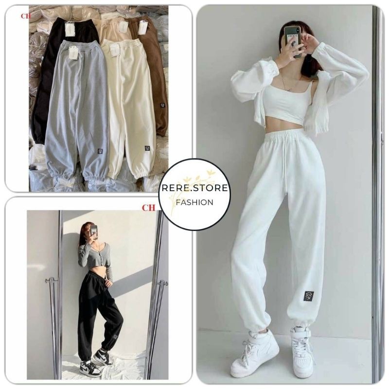 Quần Boom Tăm Icon Bò Nữ - Rere.Store [FREESHIP] - Jogger dài trơn dáng suông ống bo cạp chun Ulzzang