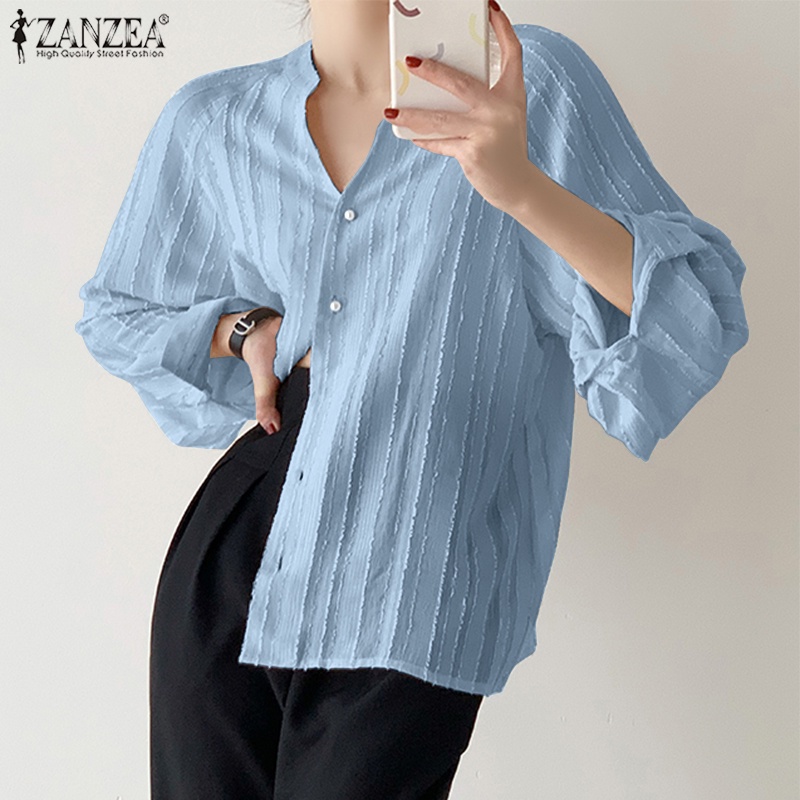 Zanzea Áo Sơ Mi Nữ Tay Dài Cổ Chữ V Phong Cách Hàn Quốc