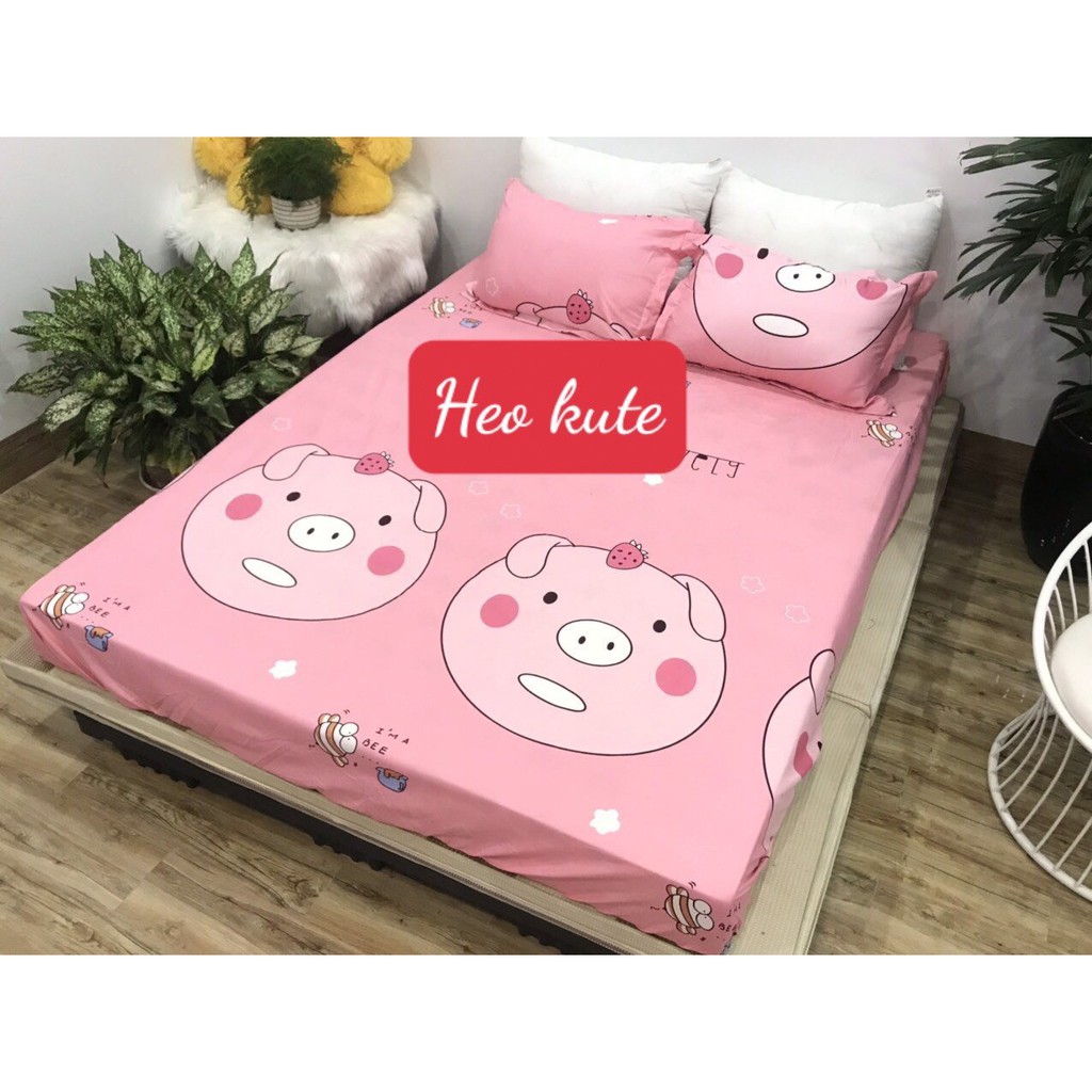 Combo 3 món bộ drap ga giường 1m2x1m9 chất liệu cotton poly hàn quốc,mẫu heo cute