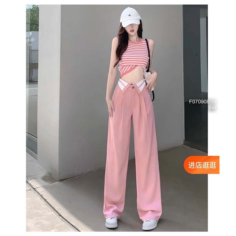 Set bộ áo kẻ sọc sát nách kèm quần suông hồng lưng kiểu siêu cute