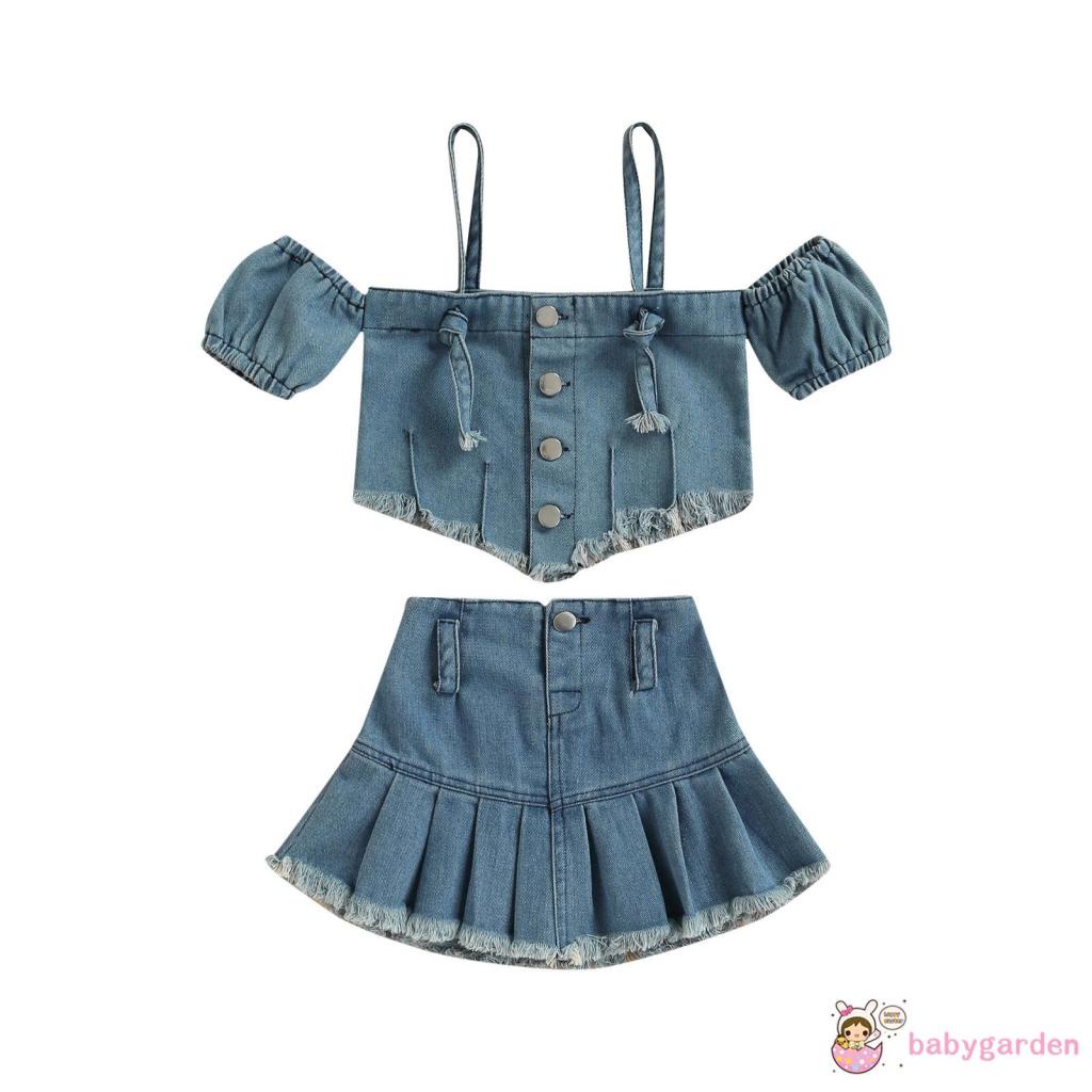 Set áo kiểu hai dây và chân váy lưng cao thiết kế xếp ly vải jean thời trang dành cho bé gái 1-6 tuổi