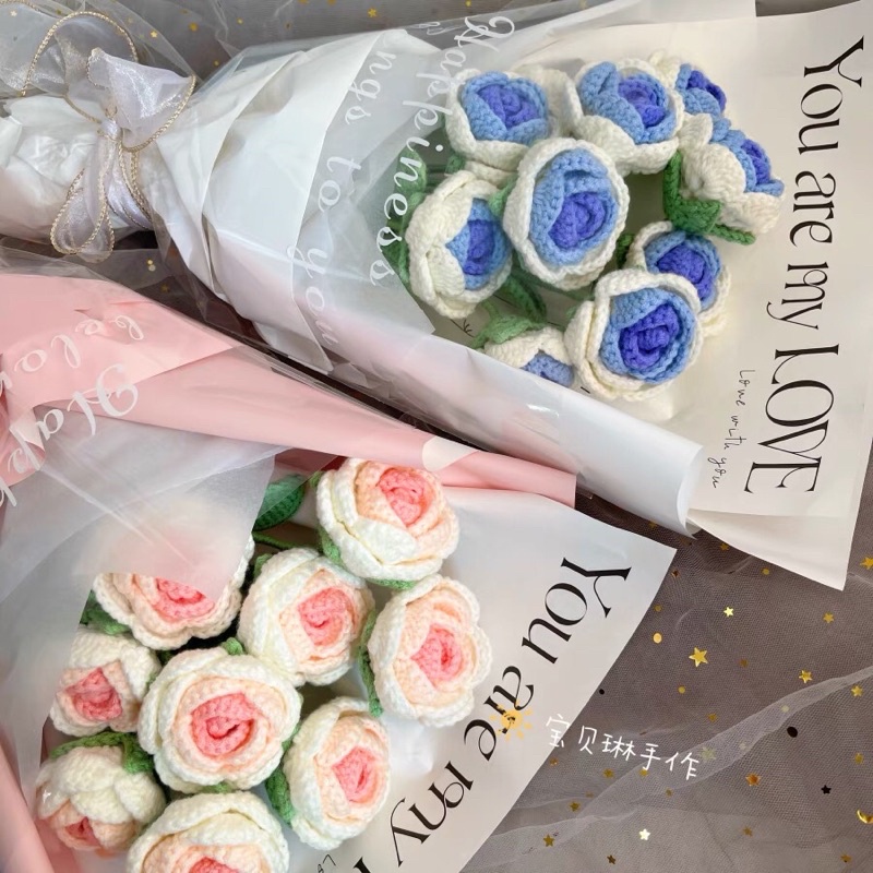 LẺ 1 hoa hồng móc bằng len kèm túi +đèn led xinh xắn làm quà tặng