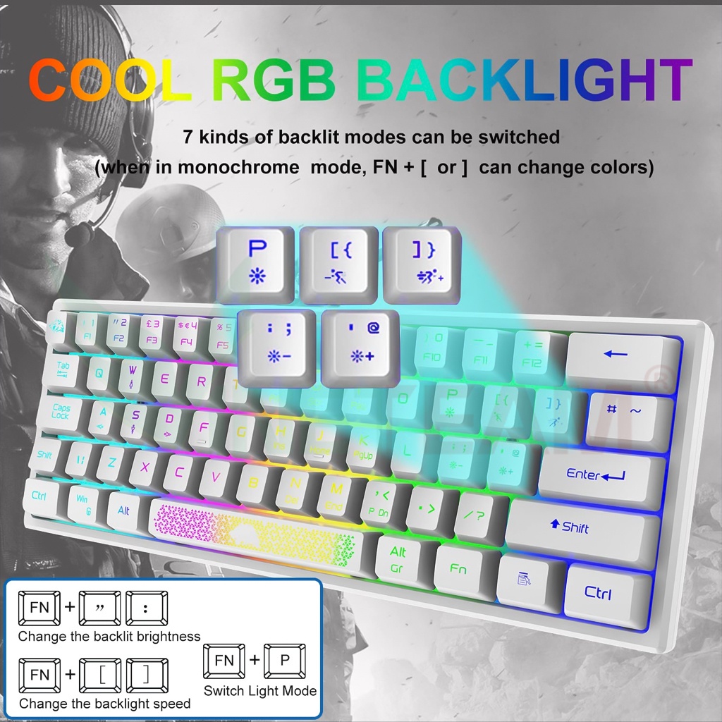 Bàn phím chơi game mini Vinetteam K61 Led RGB 10 Chế Độ 62 phím ,Bấm Êm,Thiết Kế Nhỏ Gọn,Dùng Cho Máy Tính, Laptop -4746